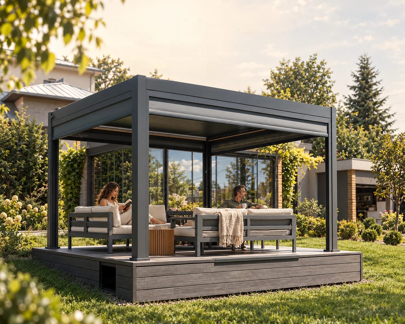 Antracit Series 2 bioklimatikus alumínium pergola lamellás tetővel, kerti teraszburkolat-platformon, kerti bútorokkal