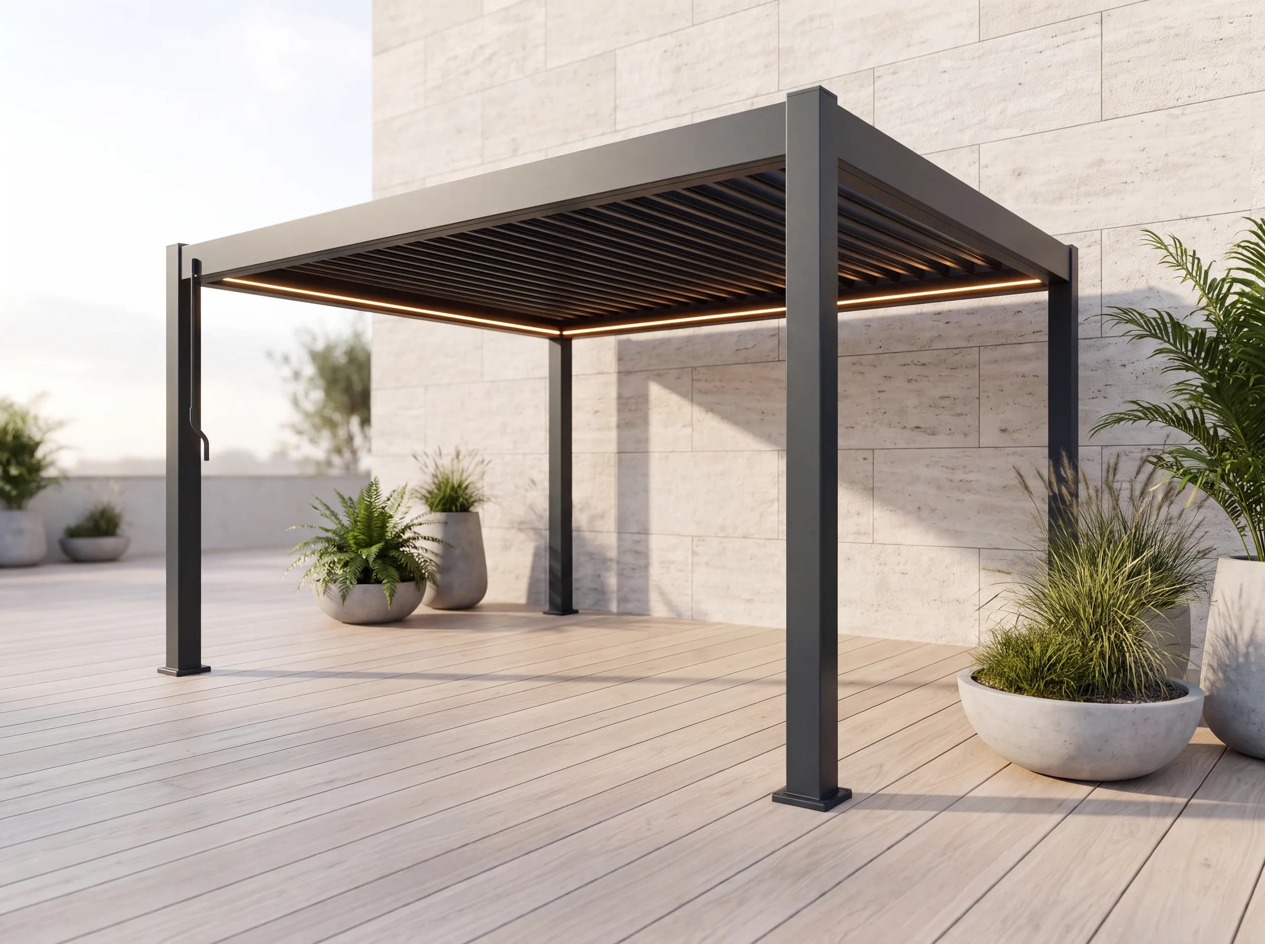 Series 2 bioklimatikus alumínium pergola antracit színben, forgatható lamellákkal – Virtuoso pergolák